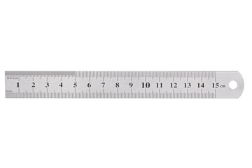 A metal ruler with a scale of up to 15 centimeters is isolated on a white background.