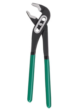 Water pump pliers with green handles isolated on white background. Adjustable Pincers 