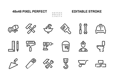 Set of construction icons, simple vector lines, contains the following icons builder, roller, hammer with wrench, toilet bowl and much more. Editable stroke. 48x48 pixels perfect, white background