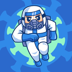 Cartoon character of doctor wearing protective suite
