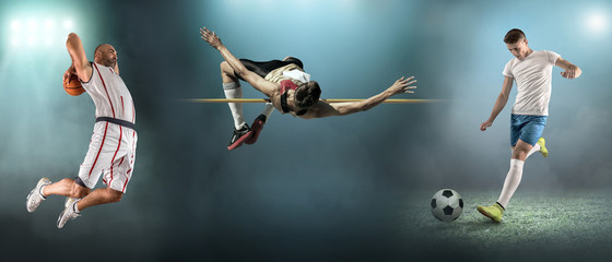 Collage of sports shoots of soccer, football, basketball and athletic. All athletes in dynamic...