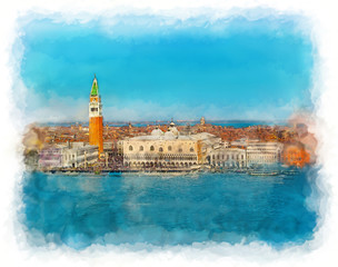 Fototapeta na wymiar Venice, Italy - watercolor illustration. Beautiful Grand Canal is famous Italian landmark. Bright scenic picture of old Venetian buildings and architecture attractions.
