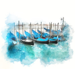 Venice, Italy - watercolor illustration. Beautiful gondolas on the canal near St. Mark Square are famous Italian landmark. Bright picturesque picture of traditional old Venetian boats. 