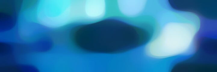 centered blurred bokeh horizontal banner background with strong blue, powder blue and medium turquoise colors and space for text