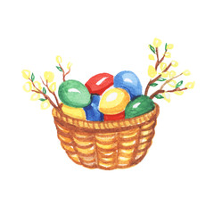 Fototapeta na wymiar Easter basket with colored Easter eggs and spring plants on a white background. Watercolor illustration.
