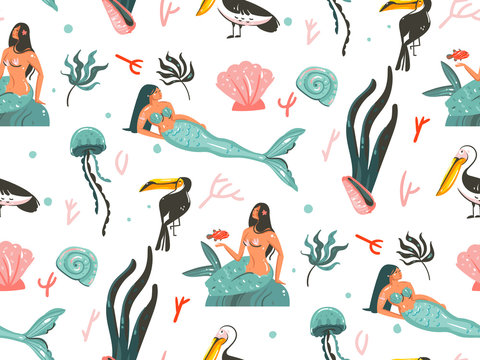 Hand drawn vector abstract cartoon graphic summer time underwater illustrations seamless pattern with jellyfish,fishes and beauty bohemian mermaid girls characters isolated on white background