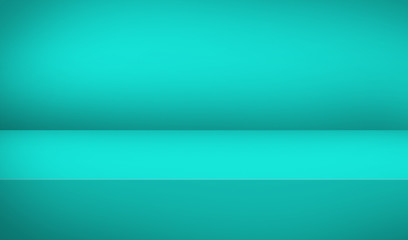 Empty turquoise color studio table room background, banner for advertise product, product display with copy space for display of content design. Banner for advertise product on website. 