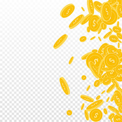 American dollar coins falling. Scattered floating 