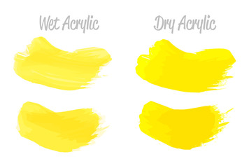 Vector yellow paint smear stroke stain set. Abstract acrylic textured art illustration. Acrilyc Texture Paint Stain Illustration. Hand drawn brush strokes vector elements. Acrilyc strokes.