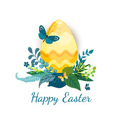 Easter card with colorful egg, leaves, butterflies, flowers and berries on white background. Egg Icon with text Happy Easter for festive banner, invitation, design elements. Vector illustration