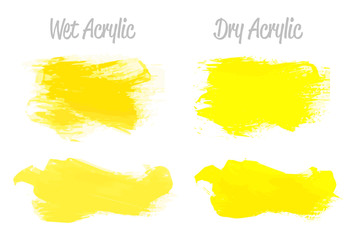 Obraz premium Vector yellow paint smear stroke stain set. Abstract acrylic textured art illustration. Acrilyc Texture Paint Stain Illustration. Hand drawn brush strokes vector elements. Acrilyc strokes.