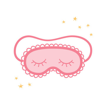 Pink Sleep mask for eyes among the stars. Night accessory to sleep, travel and recreation. A symbol of pajama party. Isolated vector illustration on white background