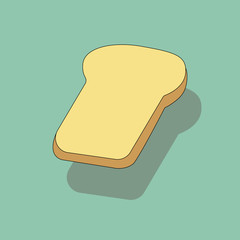 Hand drawn doodle vector illustration of slice of white whole wheat bread toast with shadow levitating on turquoise background. Culinary food poster icon sticker