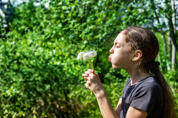 Beautiful young girl in the park blowing on dandelion in summer time on a background of green grass