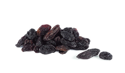 Heap of black seedless raisins (sultana) closeup isolated on white background