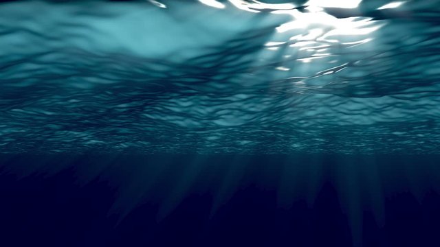 View under water on the sea or ocean with large waves. 3d animation
