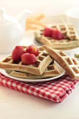 matcha diet waffles with raspberries