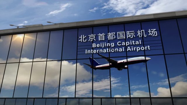 Jet plane landing in Seoul, South Korea. City arrival with airport direction sign. Travel, business, tourism and transport concept. 3D rendering animation.