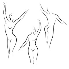 Collection. Silhouettes of lovely ladies. Beautiful girls in different poses. The figures of women are naked, feminine and slender. Set of vector illustrations