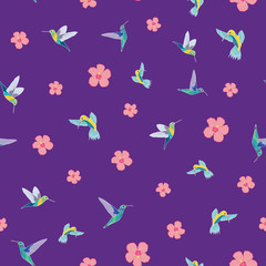 Seamless pattern with Hummingbirds and hibiscus flower on purple background