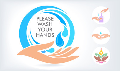 Drops of water falling on the fingers. A bottle of liquid soap squeezed on the palm of the hand.