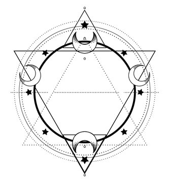 Moon frame. Sacred Geometry. Ayurveda symbol of harmony and balance, and universe. Tattoo flesh design, yoga logo. Boho print, poster, t-shirt textile. Anti stress book. Isolated vector illustration.