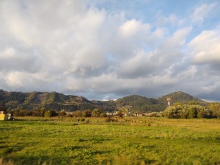 Fototapeta premium Sunrise or sunset over the hills and meadow. Slovakia