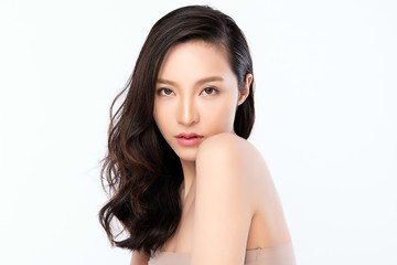 Fototapeta premium Beautiful Young Asian Woman with Clean Fresh Skin. Face care, Facial treatment, Cosmetology, beauty and healthy skin and cosmetic concept, woman beauty skin isolated on white background