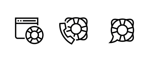 Obraz premium Set of lifebuoy help website, support and chat icons. Editable line vector.
