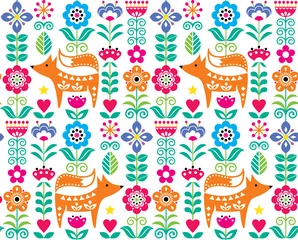 Fototapeten Nahtloses Muster der skandinavischen oder nordischen Volkskunst mit Blumen und Fuchs, florales Textildesign, inspiriert von traditioneller Stickerei aus Schweden, Norwegen und Dänemark © redkoala