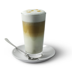 cup of hot latte coffee in white background