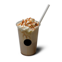 plastic cup of coffee shake with whipped cream and straw in white background