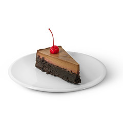piece of chocolate cake with cherry on a plate in white background