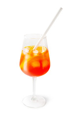 red spritz cocktail with straw isolated on white background