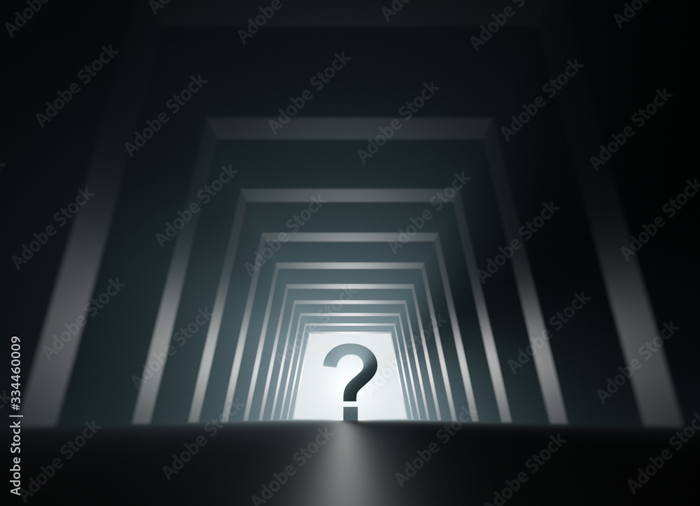 Poster big question mark in light at the end of the tunnel 3d render