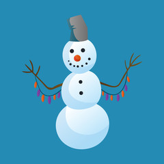 Snowman raising hands with top hat isolated on white background. Winter theme. Vector character illustration
