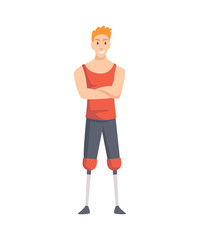 Young guy with prosthetic both legs. Man prosthetic foots, sportsman with amputation, disability person prosthetic. Vector illustration