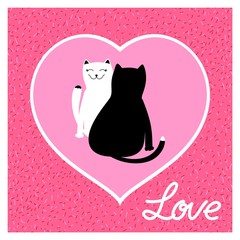 White kitty and black cat. Lovers. Against the background of a pink heart