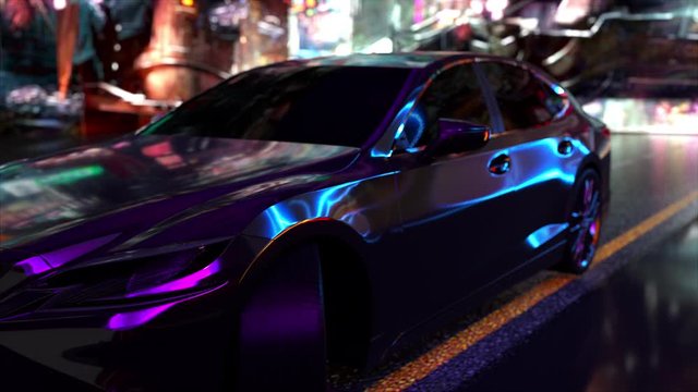 Modern car on a city street at night, computer generated. Cyberpunk composition. 3d rendering videogame backdrop.