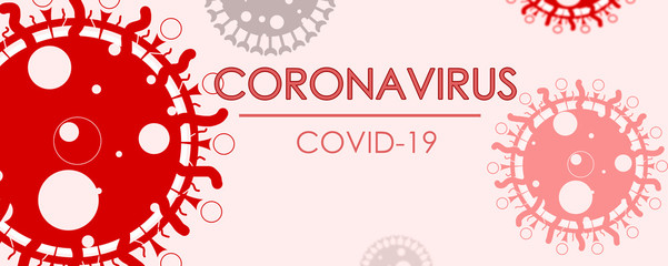 Banner image of flu COVID-19 virus cell and text. Coronavirus Covid 19 outbreak influenza background.