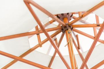 Closeup of white parasol in coffe shop, North Korea