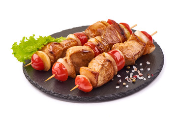 Shish Kebab - grilled meat skewers and vegetables BBQ, isolated on white background