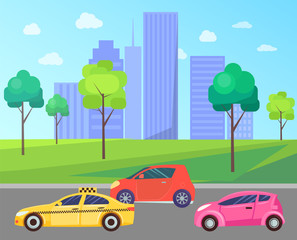 City with cars on roads vector, cityscape with buildings and skyscrapers. Downtown exterior of construction and towers. Park with trees and greenery