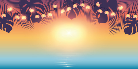 tropical summer paradise background with fairy light and palm leaves vector illustration EPS10 © krissikunterbunt