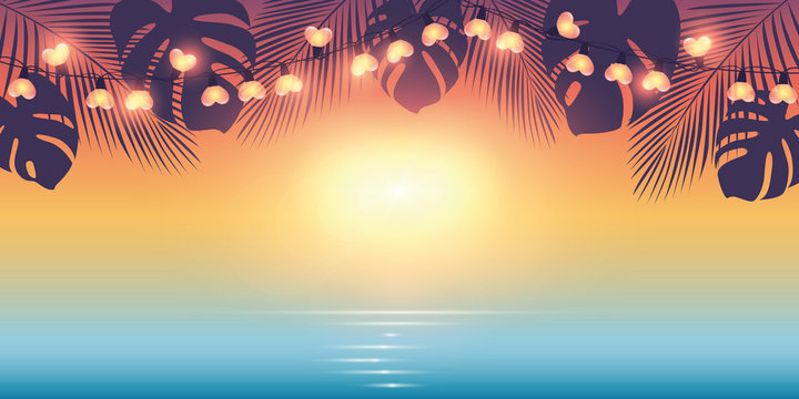 tropical summer paradise background with fairy light and palm leaves vector illustration EPS10