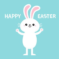 Happy Easter. Rabbit bunny standing and holding paw print hands up. Cute cartoon kawaii funny baby character. White farm animal. Blue background. Isolated. Flat design