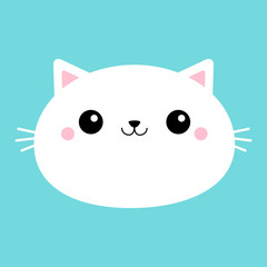 White cat head face oval icon with big eyes. Cute cartoon kawaii funny character. Moustaches. Pet baby print collection. Happy Valentines Day. Flat design. Blue background. Isolated.