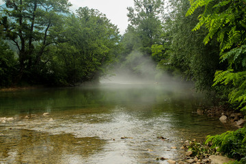 Fototapeta na wymiar River in Bosnia during a cold foggy morning