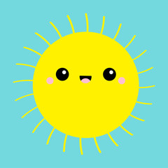 Sun shining icon. Kawaii face. Cute cartoon funny smiling character. Hello summer. Sunshine. Yellow color. Baby collection. Flat design. Blue sky background. Isolated.