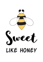 Sweet like honey baby love quote Cute phrase with bee isolated on white. Simple love poster. Bee print.
